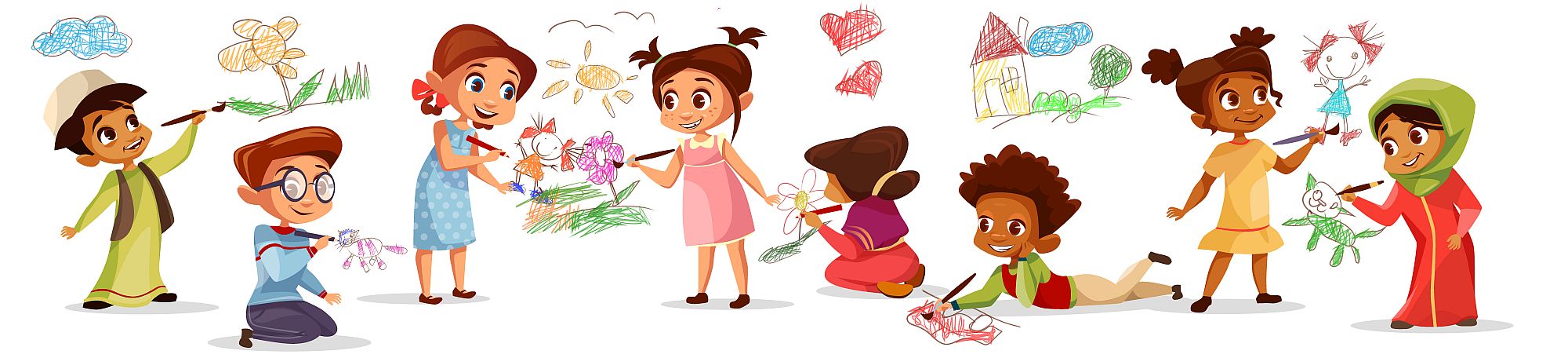 Children drawing with pencils vector illustration of different nationality cartoon boys and girls kids painting with color chalks